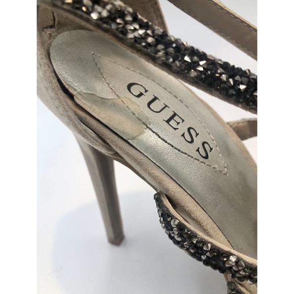 GUESS WGHALSTON Beige Sand‎ Metallic GRAY Rhinestone Heel Strappy Sandal Evening - Picture 10 of 11